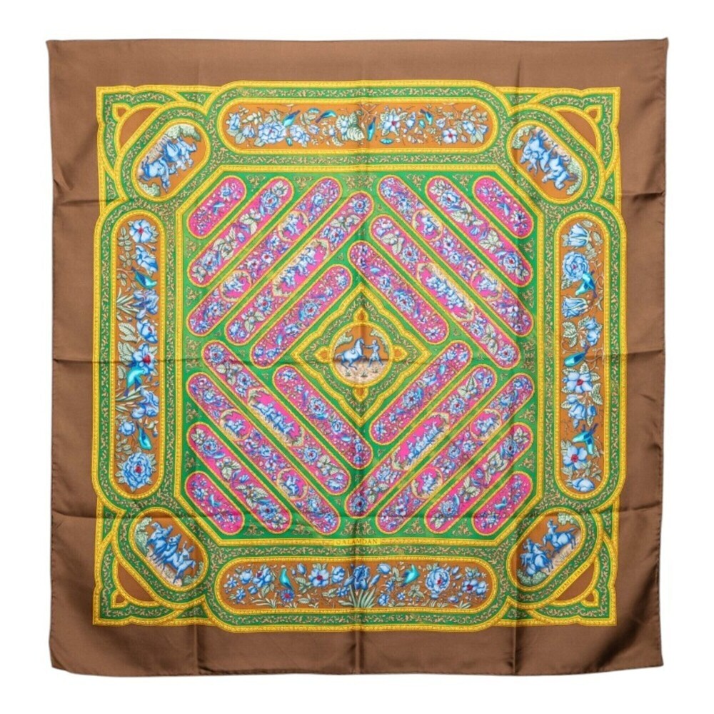 Hermes Carre 90 QALAMDAN Scarf/Muffler, Brown Multicolor Silk, Women's